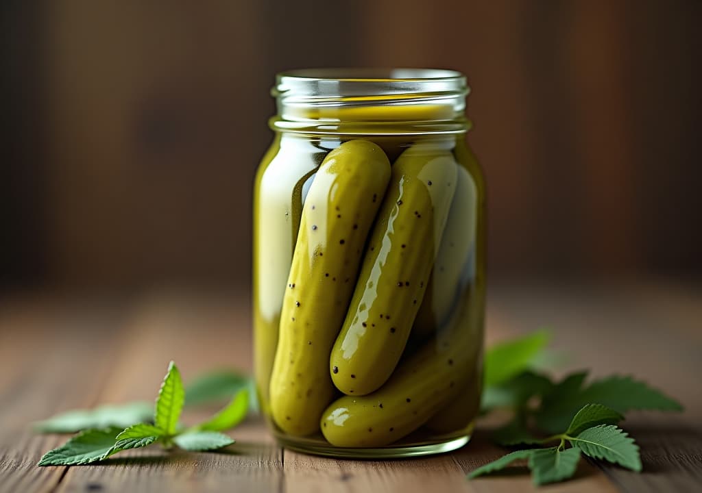  glass jar filled with pickles, 4k hyperrealistic photo