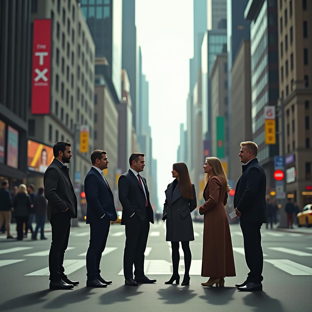  there are six men, three men and three women standing on the street in a big city and talking to each other hyperrealistic, full body, detailed clothing, highly detailed, cinematic lighting, stunningly beautiful, intricate, sharp focus, f/1. 8, 85mm, (centered image composition), (professionally color graded), ((bright soft diffused light)), volumetric fog, trending on instagram, trending on tumblr, HDR 4K, 8K