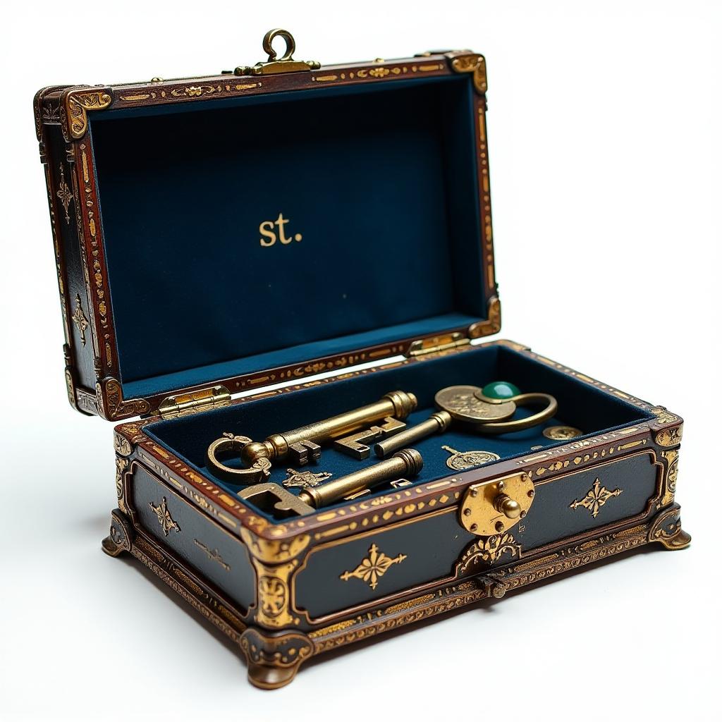  i look into a large, open, ancient, elegant box with a gold edging inlaid with emeralds, sapphires, rubies stuffed with keys and tools. located flat, full face, right in front of my face inside a dark blue velour. on the case of the box is a tag that says "st" in gold. clear image of white background