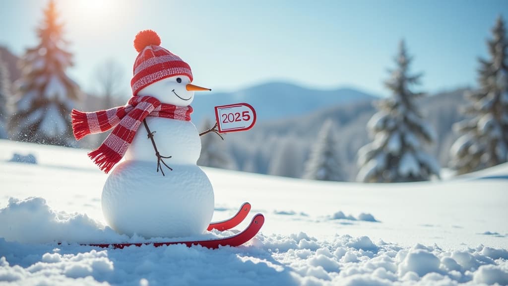  advertising style, stock photo, corporate branding style snowman broadcasts the number 2025 on his sled on a sunny snowy day . professional, clean, modern, product focused, commercial, eye catching, minimalist, business oriented, highly detailed