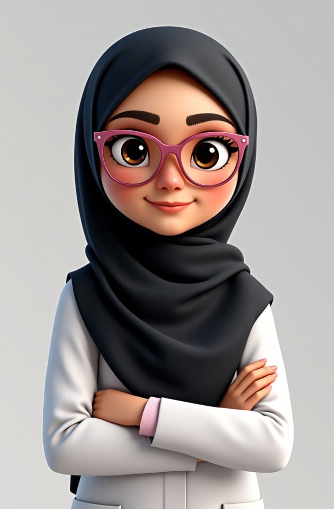  create a cute disney pixar style poster feature the teacher who manages the health unit at wears white clothes, a long black , a pink hijab and cat eye gles, a plain background, has an ideal body, not thin and not fat., disney pixar poster, pixar movie style, animated disney cartoon face, disney face, portrait, cute face, round face, cartoon character, disney character, disney animated movies, disney pixar hyperrealistic, full body, detailed clothing, highly detailed, cinematic lighting, stunningly beautiful, intricate, sharp focus, f/1. 8, 85mm, (centered image composition), (professionally color graded), ((bright soft diffused light)), volumetric fog, trending on instagram, trending on tumblr, HDR 4K, 8K