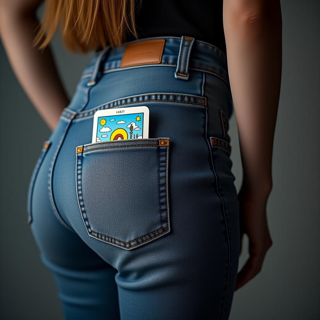  you are a professional photographer. take a photo of a tarot card sticking out from the back pocket of a girl's blue jeans, standing with her back to the camera. her head is not visible, only the silhouette.