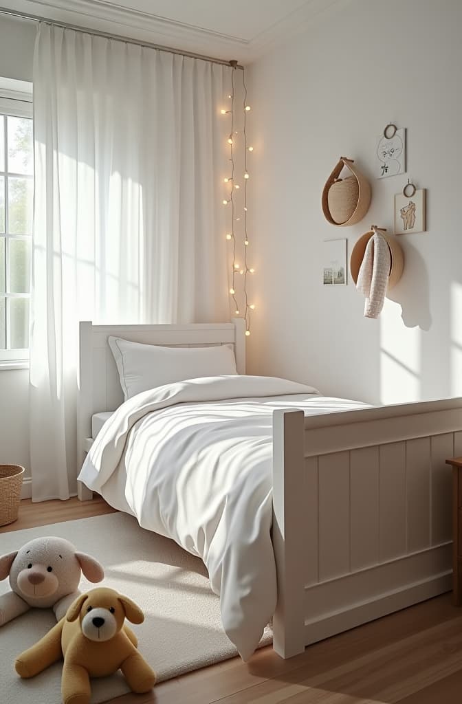  single bed with white linens. the bed is in the children's room in white colors. there are toys and a rug on the floor. half sided frame from below hyperrealistic, full body, detailed clothing, highly detailed, cinematic lighting, stunningly beautiful, intricate, sharp focus, f/1. 8, 85mm, (centered image composition), (professionally color graded), ((bright soft diffused light)), volumetric fog, trending on instagram, trending on tumblr, HDR 4K, 8K