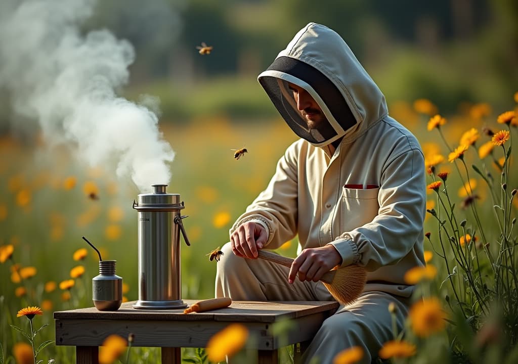  a serene apiary scene featuring essential beekeeping tools: a smoker, hive tool, protective suit, and bee brush, with vibrant flowers and buzzing bees in the background, capturing the essence of a new beekeeper's journey. hyperrealistic, full body, detailed clothing, highly detailed, cinematic lighting, stunningly beautiful, intricate, sharp focus, f/1. 8, 85mm, (centered image composition), (professionally color graded), ((bright soft diffused light)), volumetric fog, trending on instagram, trending on tumblr, HDR 4K, 8K