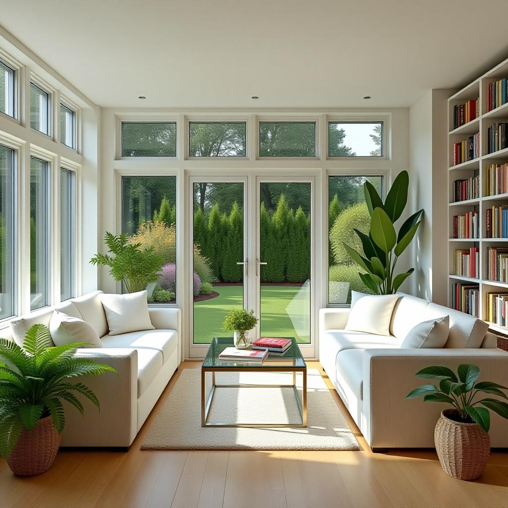  a bright and airy sunroom with large floor to ceiling windows, plush white sofas, and a glass coffee table. the room has an abundance of natural light, lush indoor plants, and views of a verdant garden with colorful flowers and greenery. the floor is made of light hardwood, and a cozy reading nook is in one corner with a soft, white throw blanket and a bookshelf filled with books.