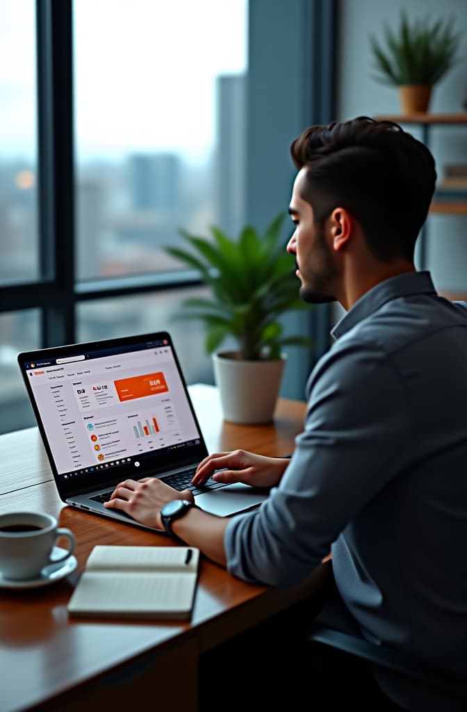  "create a realistic image of a modern entrepreneur using the cakto sales platform on a sleek laptop. the person is seated in a well lit, contemporary home office with a view of a cityscape through large windows. the laptop screen displays the cakto platform interface, showcasing sales metrics, product listings, and customer interactions. around the desk are items like a coffee cup, a smartphone with notifications, and a notebook with handwritten notes. the scene should convey productivity, innovation, and success, with the person looking confident and engaged in their work.", realistic, portrait, art by donato giancola and greg rutkowski, realistic face, digital art, trending on artstation hyperrealistic, full body, detailed clothing, highly detailed, cinematic lighting, stunningly beautiful, intricate, sharp focus, f/1. 8, 85mm, (centered image composition), (professionally color graded), ((bright soft diffused light)), volumetric fog, trending on instagram, trending on tumblr, HDR 4K, 8K