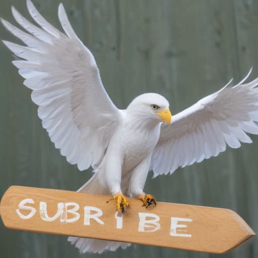 a white eagle carrying a board with the word "subscribe" in its hand