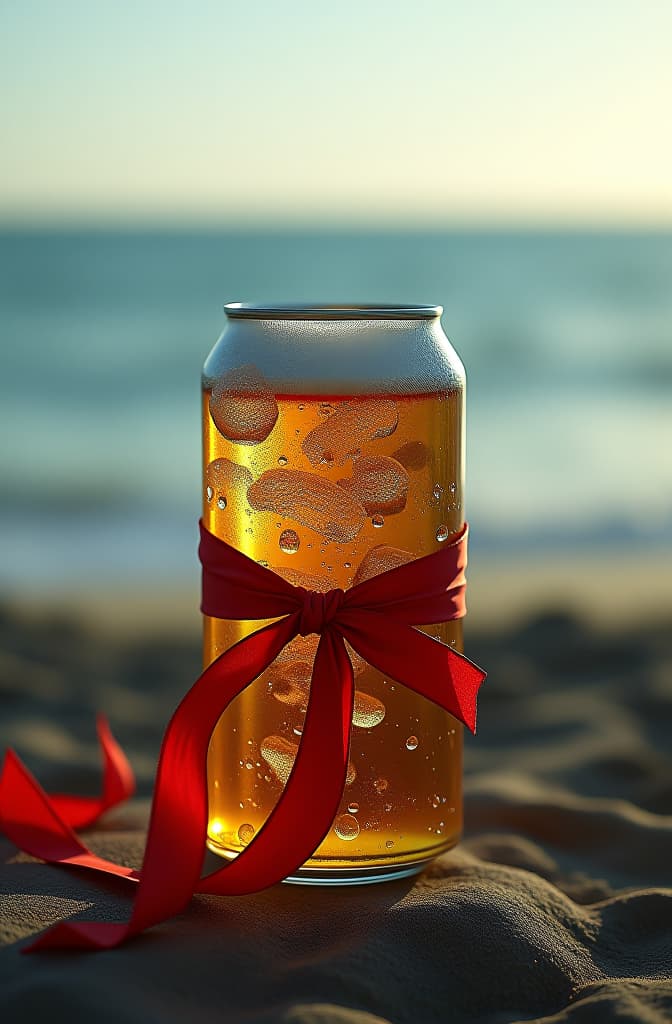  can of beer with a ribbon tied to it. gulf of mexico in the background hyperrealistic, full body, detailed clothing, highly detailed, cinematic lighting, stunningly beautiful, intricate, sharp focus, f/1. 8, 85mm, (centered image composition), (professionally color graded), ((bright soft diffused light)), volumetric fog, trending on instagram, trending on tumblr, HDR 4K, 8K