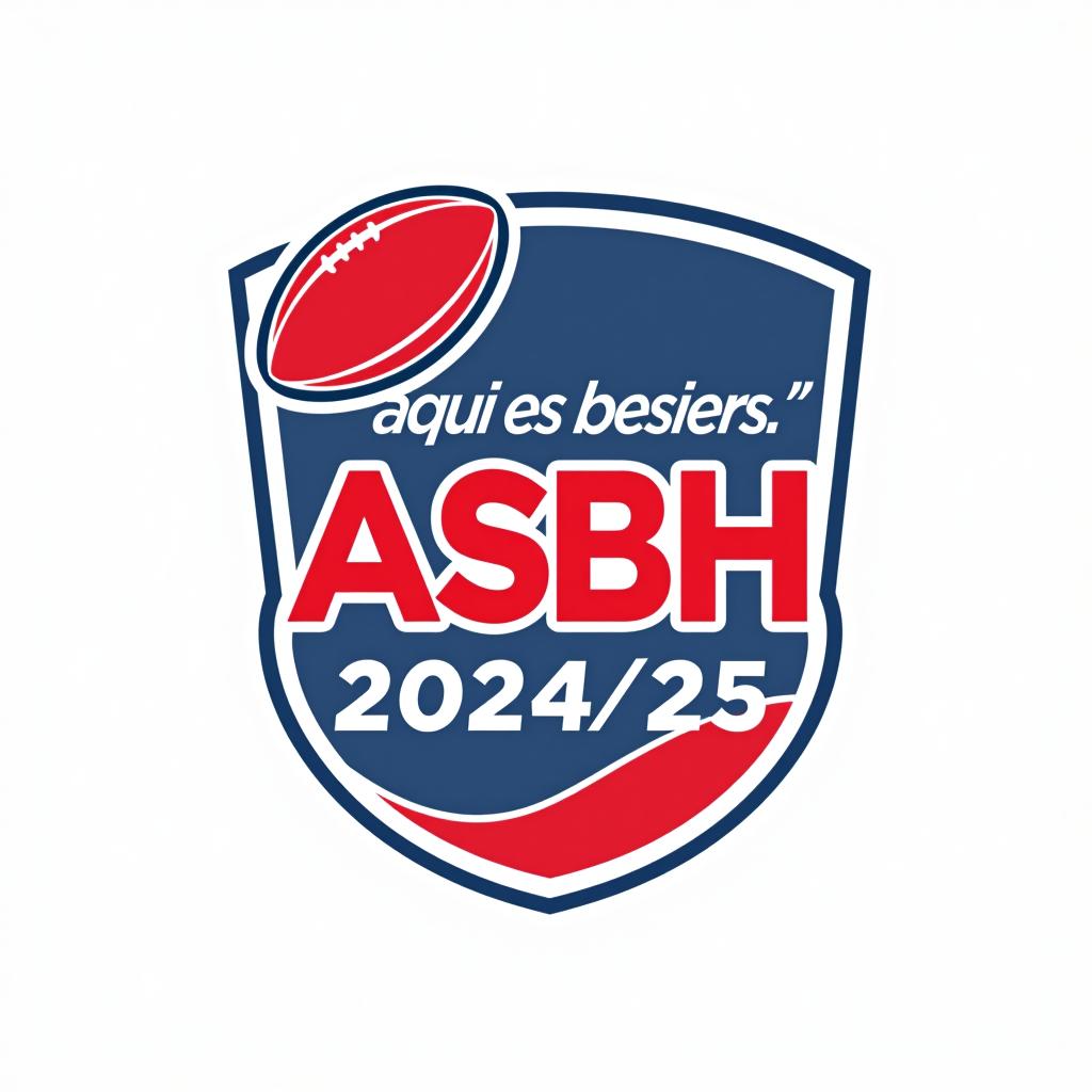  design a logo, créer un logo simple de couleurs rouge et bleu pour le club de rugby de beziers il doit faire apparaître le nom asbh 2024/25, un ballon de rugby et le slogan « aqui es besiers », with the text 'asbh'.