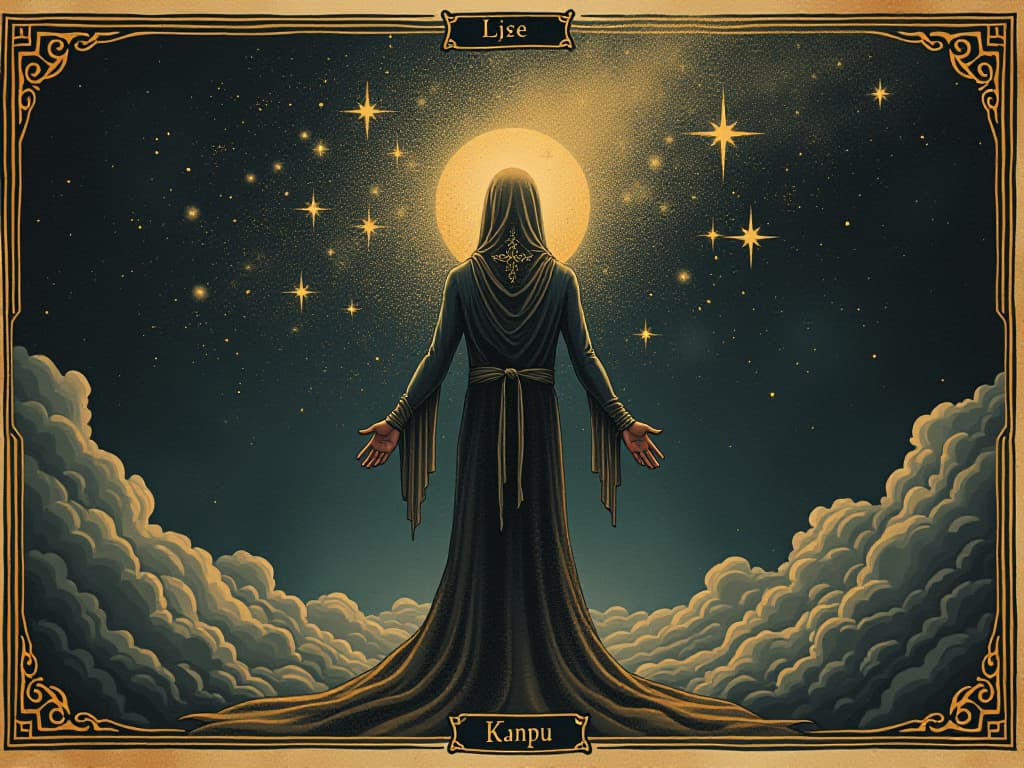  a figure dissolving into stardust, merging with the cosmos, flowing particles, cosmic unity. an illustration in the style of a worn, mystical old tarot trump card, mysterious and elements of surrealism. the colors are muted, somber and eerie, but with contrast bring out an occult and esoteric vibe.