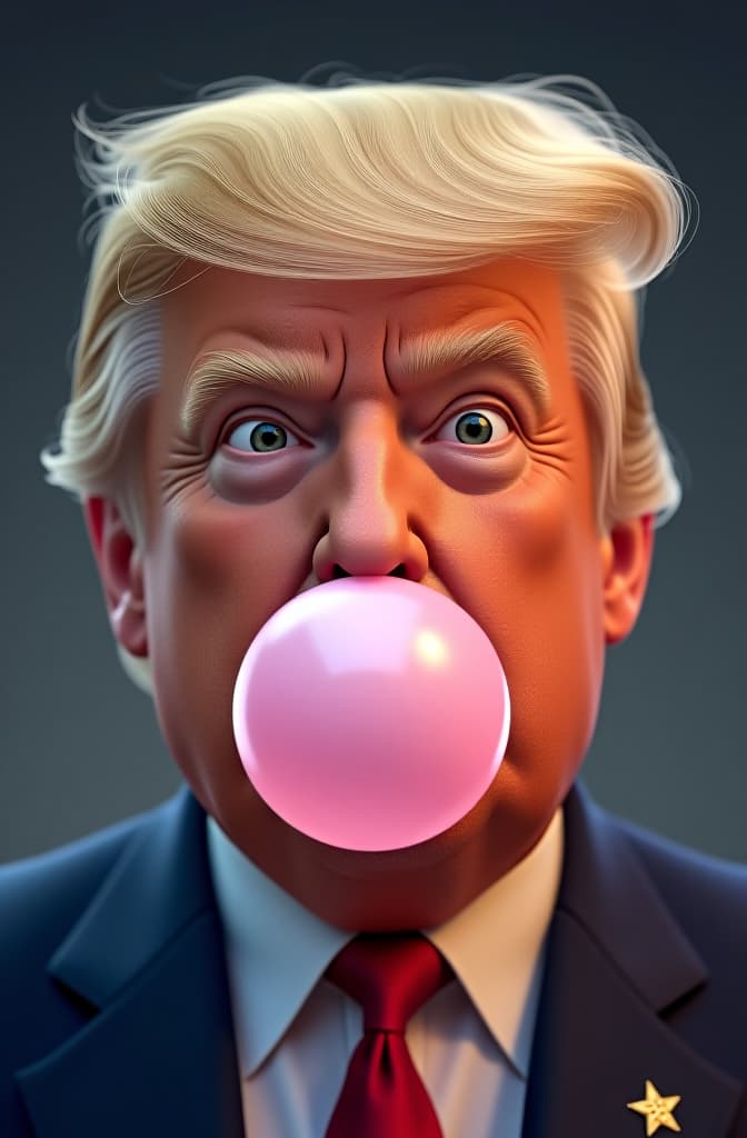  a passport photo of donald john trump, the 45th president of the united state making bubbles from bubble gum, disney pixar poster, pixar movie style, animated disney cartoon face, disney face, portrait, cute face, round face, cartoon character, disney character, disney animated movies, disney pixar hyperrealistic, full body, detailed clothing, highly detailed, cinematic lighting, stunningly beautiful, intricate, sharp focus, f/1. 8, 85mm, (centered image composition), (professionally color graded), ((bright soft diffused light)), volumetric fog, trending on instagram, trending on tumblr, HDR 4K, 8K