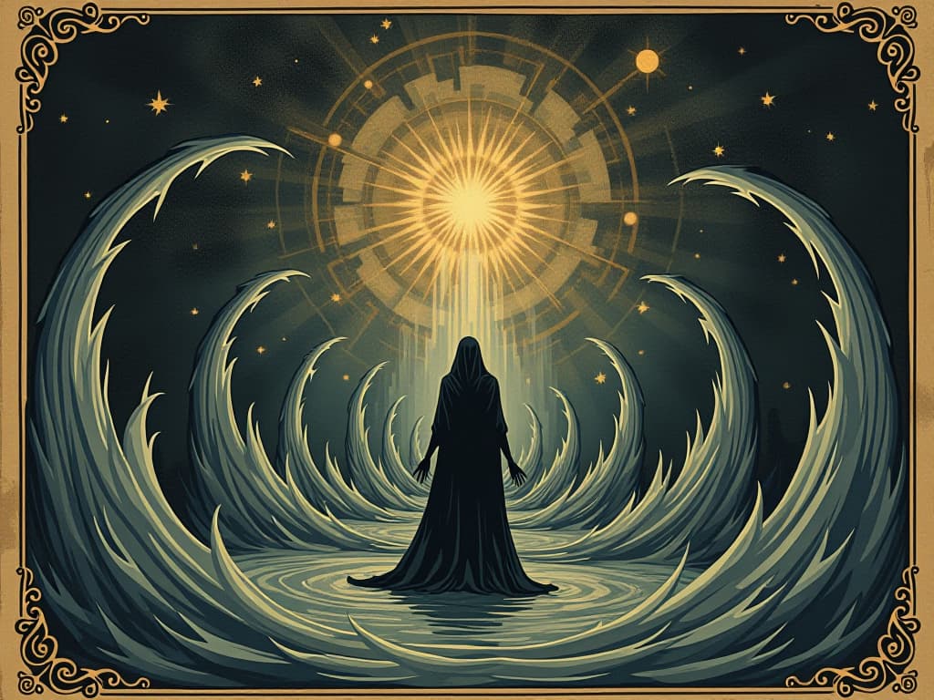  textures visualized as waves and pulses around a figure, the figure sensing hidden depths, profound, clear. an illustration in the style of a worn, mystical old tarot trump card, mysterious and elements of surrealism. the colors are muted, somber and eerie, but with contrast bring out an occult and esoteric vibe.