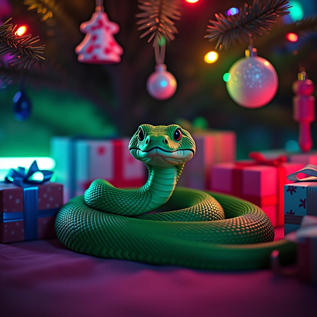  retro cyberpunk a cute green snake under the christmas tree with gifts . 80's inspired, synthwave, neon, vibrant, detailed, retro futurism hyperrealistic, full body, detailed clothing, highly detailed, cinematic lighting, stunningly beautiful, intricate, sharp focus, f/1. 8, 85mm, (centered image composition), (professionally color graded), ((bright soft diffused light)), volumetric fog, trending on instagram, trending on tumblr, HDR 4K, 8K