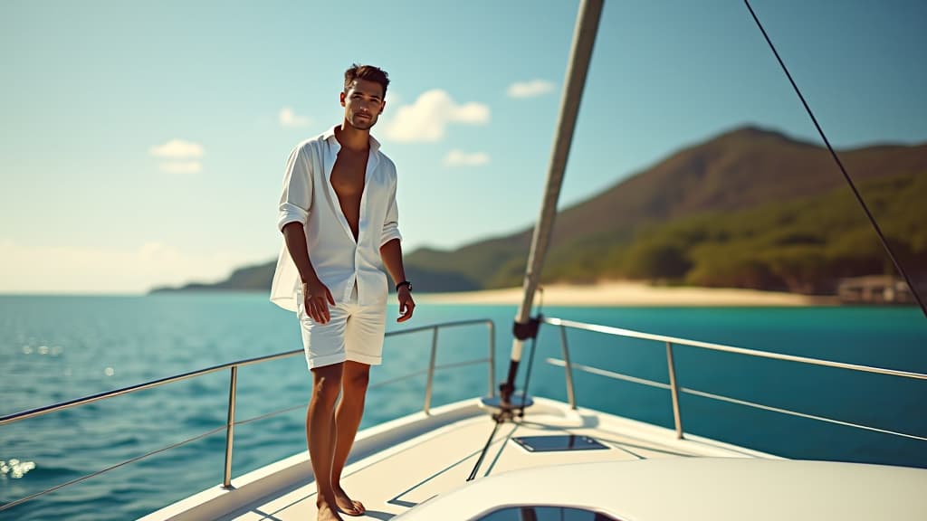  breathtaking a full length young man in shorts and a white loose shirt stands on a yacht with a tail in his hands next to a in a micro on a sunny summer day against the background of a tropical beach . award winning, professional, highly detailed