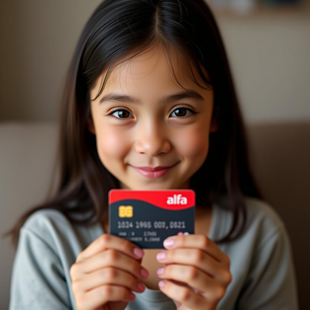  the girl with dark hair is holding an alfa bank card in her hands.