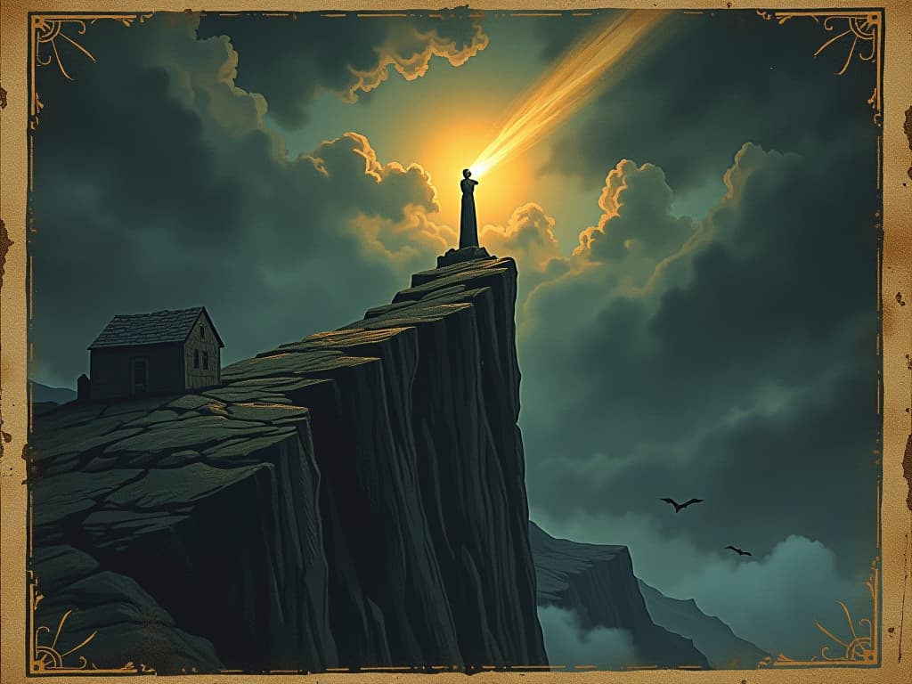  shining beacon atop a dark cliff, radiating light into the night sky, storm clouds parting, atmosphere of hope and guidance. an illustration in the style of a worn, mystical old tarot trump card, mysterious and elements of surrealism. the colors are muted, somber and eerie, but with contrast bring out an occult and esoteric vibe.