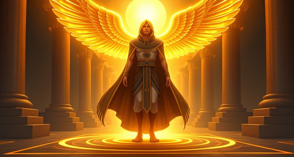  golden aura radiating from a standing figure, wearing ornate, ancient robes, hieroglyphs glowing with power on the ground beneath. the style is digital art illustration / modern comic book / mysterious occult, symbolic, esoteric vibe,high detail on character design, incorporating ancient egyptian symbology and attire.