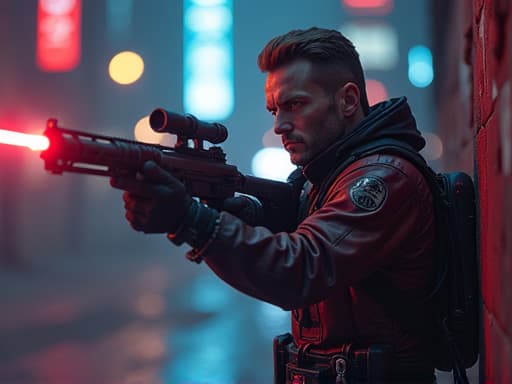  futuristische krieger mit lasertag gewehren in cyberpunk umgebung