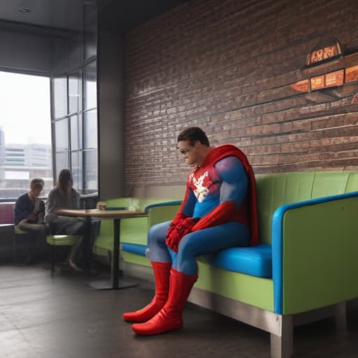 superhero seating and eating pizza