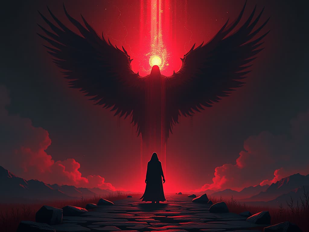  radiant figure, shadows dissipating, open path ahead, aura of unleashed potential. the style is digital art illustration / modern comic book / graphic dark novel fantasy and mysterious occult, symbolic, moody lighting, esoteric vibe,high detail on character design. for the color scheme emphasize blacks and reds.