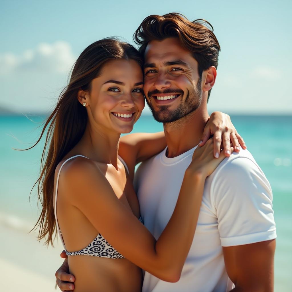  a young woman in a swimsuit hugging a beautiful young man in a white t shirt with two hands high face detail, professional shot, photorealistic, with high detail, with high detail, with high detail, extremely (details with high resolution, photographic, thin texture, incredibly realistic, 8k, intricate details, refined, high end, luxurious, professional, (high detail, epic realism cinematic, extremely high resolution of details, photographicity, brought to the limit of realism)