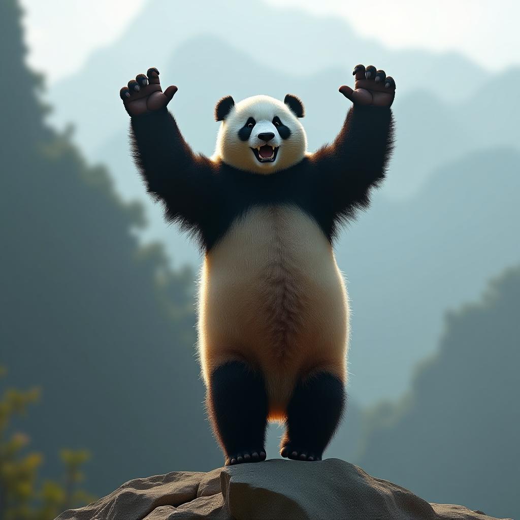  a panda doing a handstand, comic style, on a mountain, studio light, hdr 4k hyperrealistic, full body, detailed clothing, highly detailed, cinematic lighting, stunningly beautiful, intricate, sharp focus, f/1. 8, 85mm, (centered image composition), (professionally color graded), ((bright soft diffused light)), volumetric fog, trending on instagram, trending on tumblr, HDR 4K, 8K