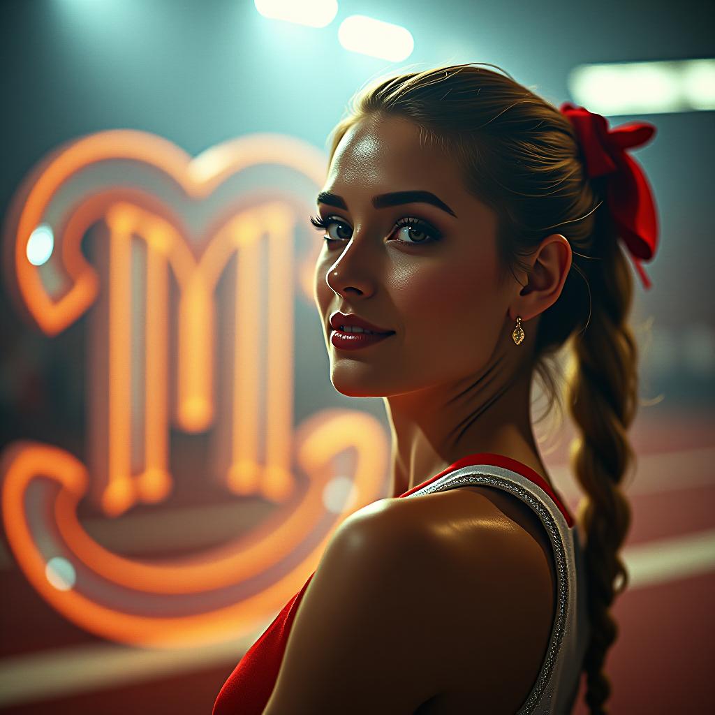  cinematic photo a beautiful cheerleader and a large virgo icon, used to indicate the zodiac sign in horoscopes article in magazines, to the left behind her . 35mm photograph, film, bokeh, professional, 4k, highly detailed hyperrealistic, full body, detailed clothing, highly detailed, cinematic lighting, stunningly beautiful, intricate, sharp focus, f/1. 8, 85mm, (centered image composition), (professionally color graded), ((bright soft diffused light)), volumetric fog, trending on instagram, trending on tumblr, HDR 4K, 8K