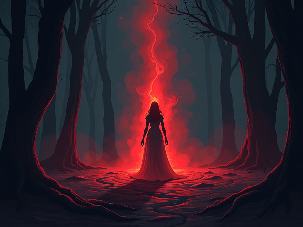  a mystical aura rising from the earth, shimmering with ethereal light, surrounded by darkened forest, sense of otherworldly magic. the style is digital art illustration / modern comic book / graphic dark novel fantasy and mysterious occult, symbolic, moody lighting, esoteric vibe,high detail on character design. for the color scheme emphasize blacks and reds.