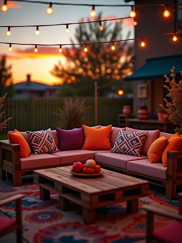  high quality portrait photo of a cozy backyard patio at sunset, string lights hanging overhead, with a diy pallet sofa adorned with colorful cushions and a rustic coffee table made from reclaimed wood hyperrealistic, full body, detailed clothing, highly detailed, cinematic lighting, stunningly beautiful, intricate, sharp focus, f/1. 8, 85mm, (centered image composition), (professionally color graded), ((bright soft diffused light)), volumetric fog, trending on instagram, trending on tumblr, HDR 4K, 8K