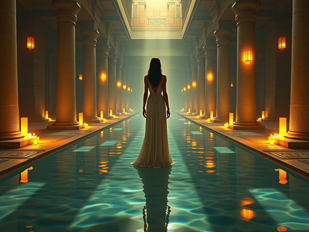  an ancient sanctuary, filled with reflective pools and hanging lanterns, a large busted priestess in flowing linen gown, gazing into the water, her reflection showing a deeper, radiant self, atmosphere of inner discovery. the style is digital art illustration / modern comic book / mysterious occult, symbolic, esoteric vibe,high detail on character design, incorporating ancient egyptian symbology and attire.