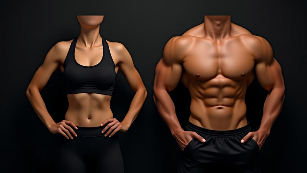  athletic muscular woman and man torsos on a black background. layout concept for a gym or fitness training.