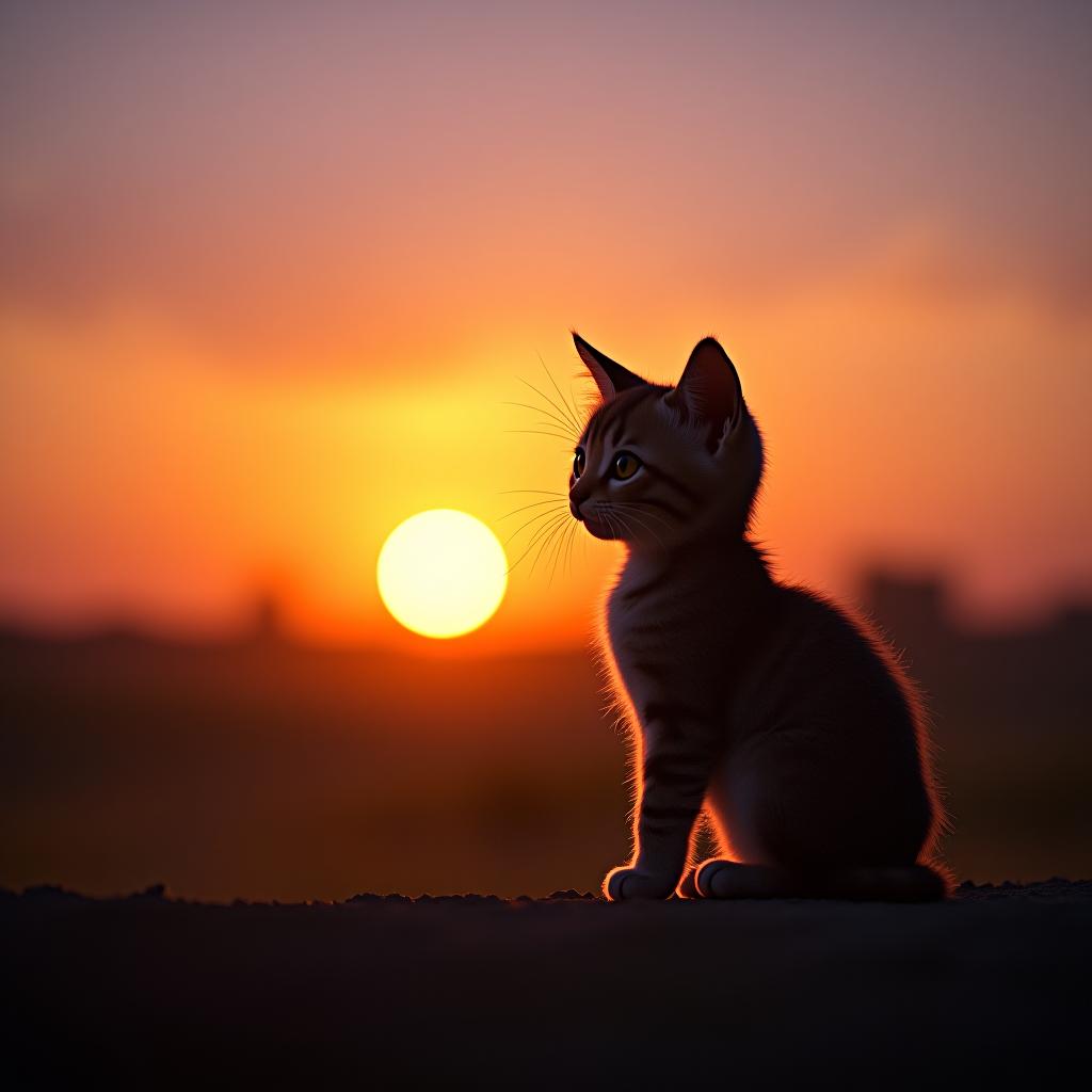  a small kitten is watching the sunset.