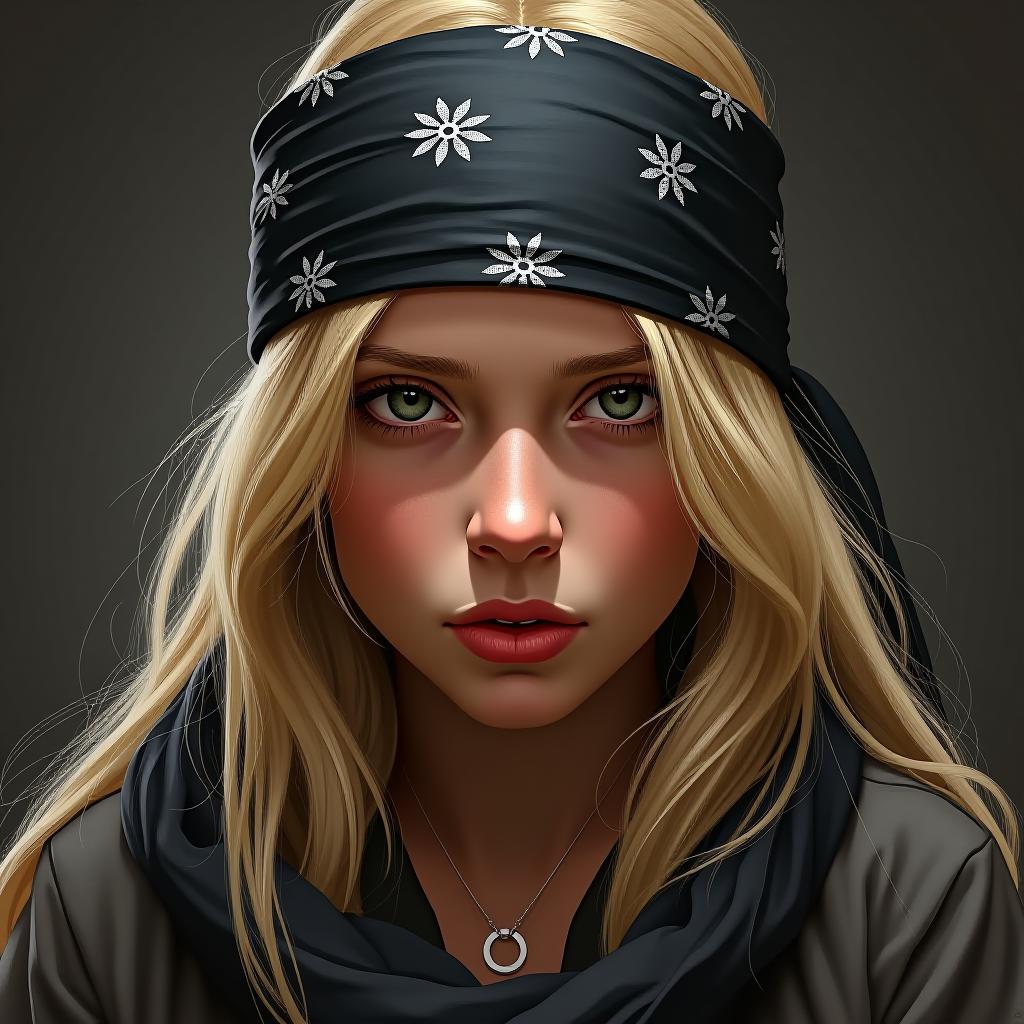  14 blonde, black bandana on head, hopeless, hopelessness, , looking front, realistic, portrait, art by donato giancola and greg rutkowski, realistic face, digital art, trending on artstation