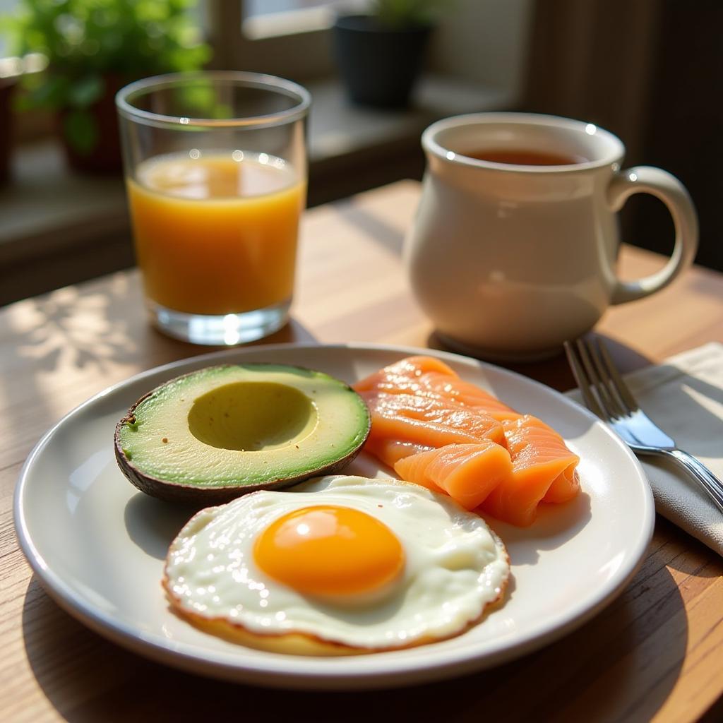  healthy breakfast with eggs, avocado, salmon and hot tea on the table sunny day {prompt}, maximum details