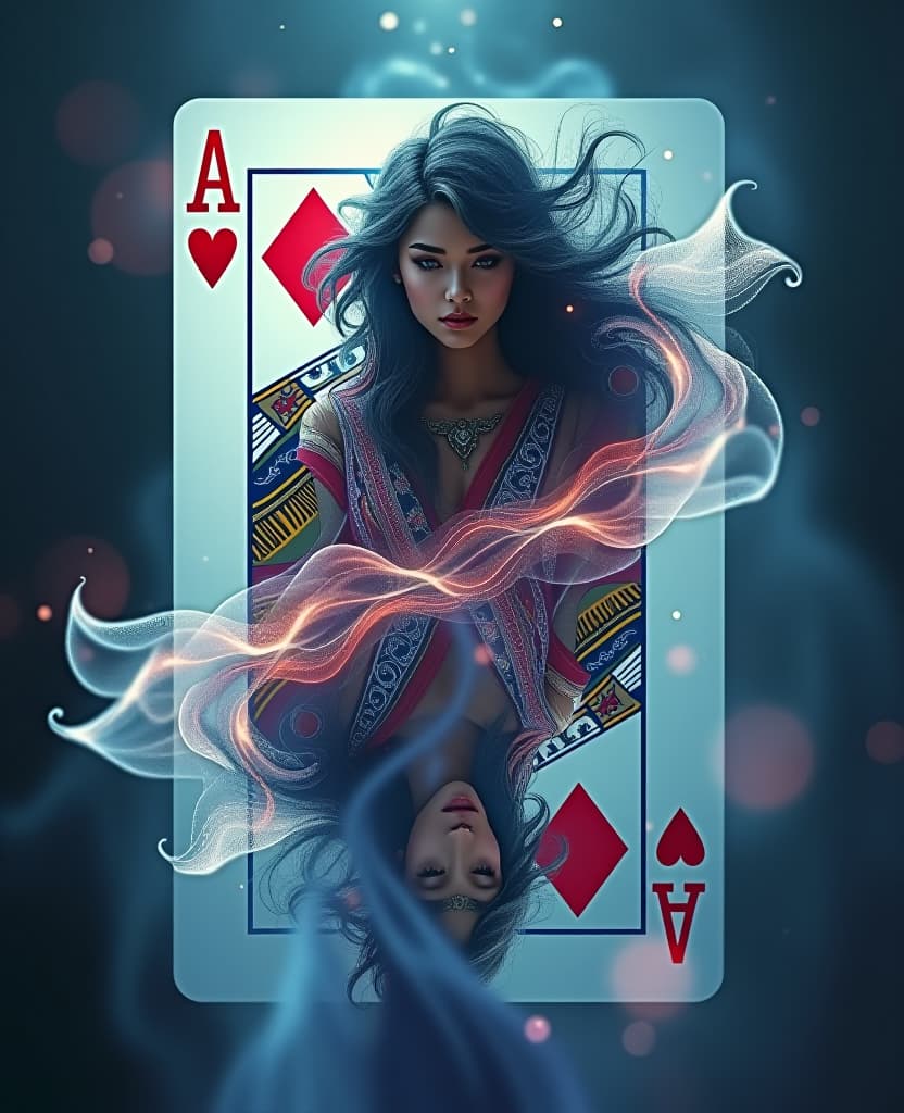  (masterpiece, 8k, uhd, photorealistic:1.3), playing card, intricate design, (vibrant colors:1.2), double exposure effect, ethereal character dissolving into the card surface, (flowing hair:1.1), (mystical aura:1.2), layered image with a soft blur, dissolving visual effect highlights, whimsical patterns swirling around, (deep blues and purples:1.3), (glowing edges:1.2), surreal atmosphere, (fantasy elements:1.1), dynamic composition, looking down from above, blending reality with imagination, rich textures and layers, enchanting. hyperrealistic, full body, detailed clothing, highly detailed, cinematic lighting, stunningly beautiful, intricate, sharp focus, f/1. 8, 85mm, (centered image composition), (professionally color graded), ((bright soft diffused light)), volumetric fog, trending on instagram, trending on tumblr, HDR 4K, 8K