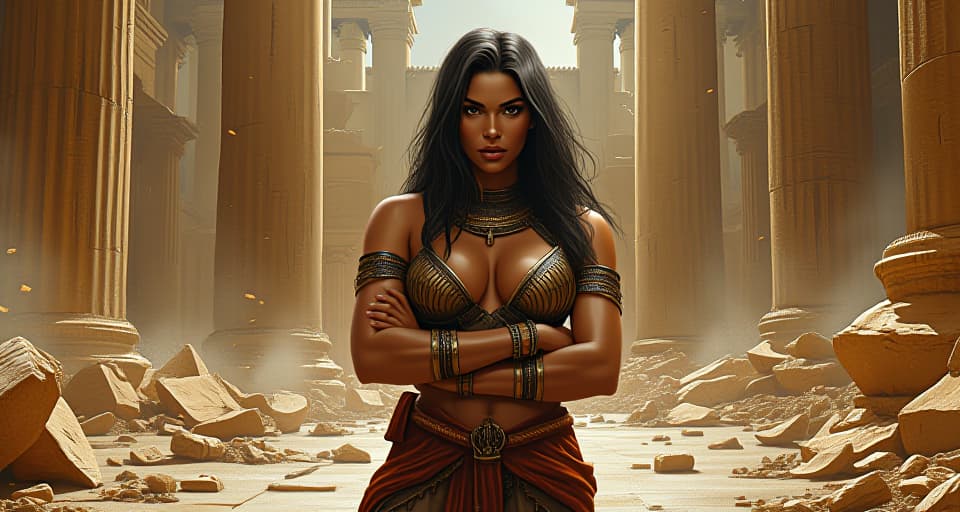  a robust woman with olive skin and large bust, in form fitting ancient egyptian battle armor, standing before a broken temple, arms crossed defiantly, the remains of past underestimations scattered at her feet, aura of proven strength. the style is digital art illustration / modern comic book / mysterious occult, symbolic, esoteric vibe,high detail on character design, incorporating ancient egyptian symbology and attire.