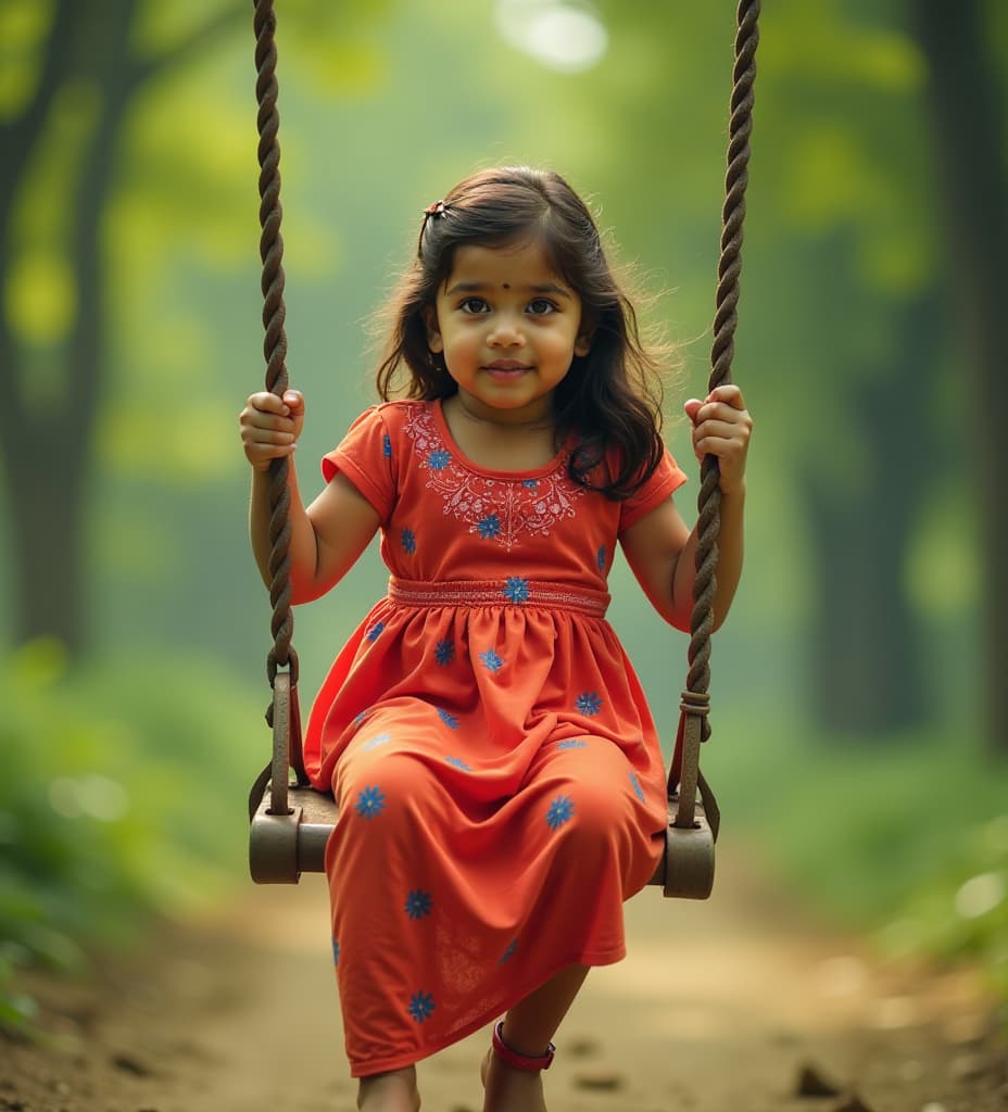  realistic photo of a bangladeshi girl riding on a swing., high quality, high details, hd, perfect composition, 4k epic detailed, highly detailed, sharp focus, high resolution