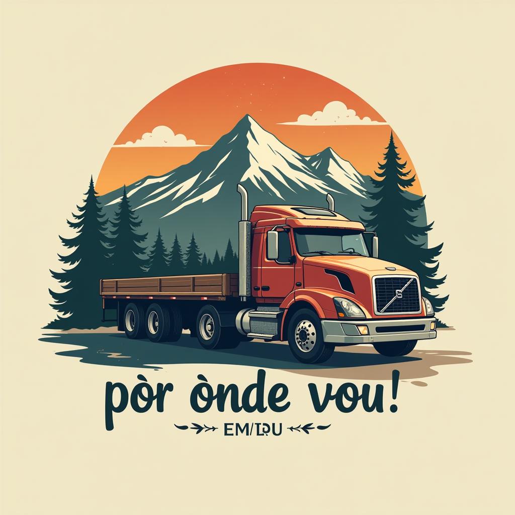  design a logo, create a logo with a volvo flatbed truck traveling through the united states with adventures, with landscapes of mountains and trees and with the phrase “por onde vou”