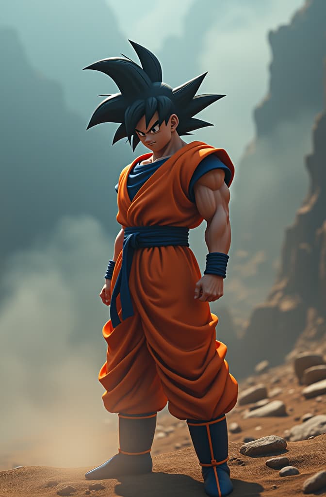  genera a goku en un pc hyperrealistic, full body, detailed clothing, highly detailed, cinematic lighting, stunningly beautiful, intricate, sharp focus, f/1. 8, 85mm, (centered image composition), (professionally color graded), ((bright soft diffused light)), volumetric fog, trending on instagram, trending on tumblr, HDR 4K, 8K