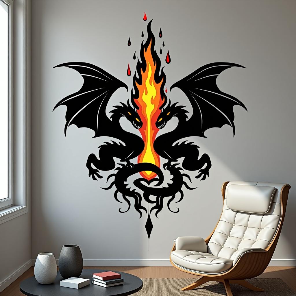  design a logo, design de sticker personnalisé sur un fond noir isolé décoré de dragons mythiques et d'une épée enflammée