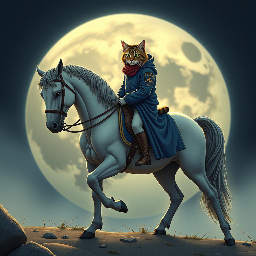  a cat riding a horse, hand drawn, on the moon, moonlight, hdr 4k hyperrealistic, full body, detailed clothing, highly detailed, cinematic lighting, stunningly beautiful, intricate, sharp focus, f/1. 8, 85mm, (centered image composition), (professionally color graded), ((bright soft diffused light)), volumetric fog, trending on instagram, trending on tumblr, HDR 4K, 8K