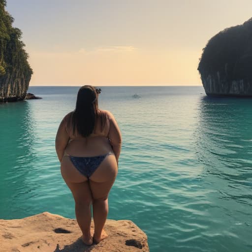 Draw a fat woman at maya bay in Thailand. We can see her from behind.