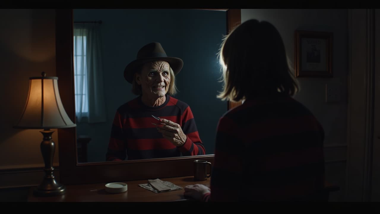  a dark scene in the age room, it is midnight in a typical 80s room that is weakened weakly by the fering light of a tube tv. a age girl stands in front of her make up mirror, her eyes tired when the picture suddenly begins to fer. the scarred face of freddy krueger appears slowly in the mirror. his glowing eyes and the cruel grin put the girl in shock. with a quick , freddy grabs her hair and grabs her with his razor sharp steals. panically, she tries to free herself while the mirror vites like a portal. her fingernails scratch the table while freddy emits his y laugh. the dark atmosphere and the impending danger increase the tension into unbearable a real nightmare comes alive., high quality, high details, h