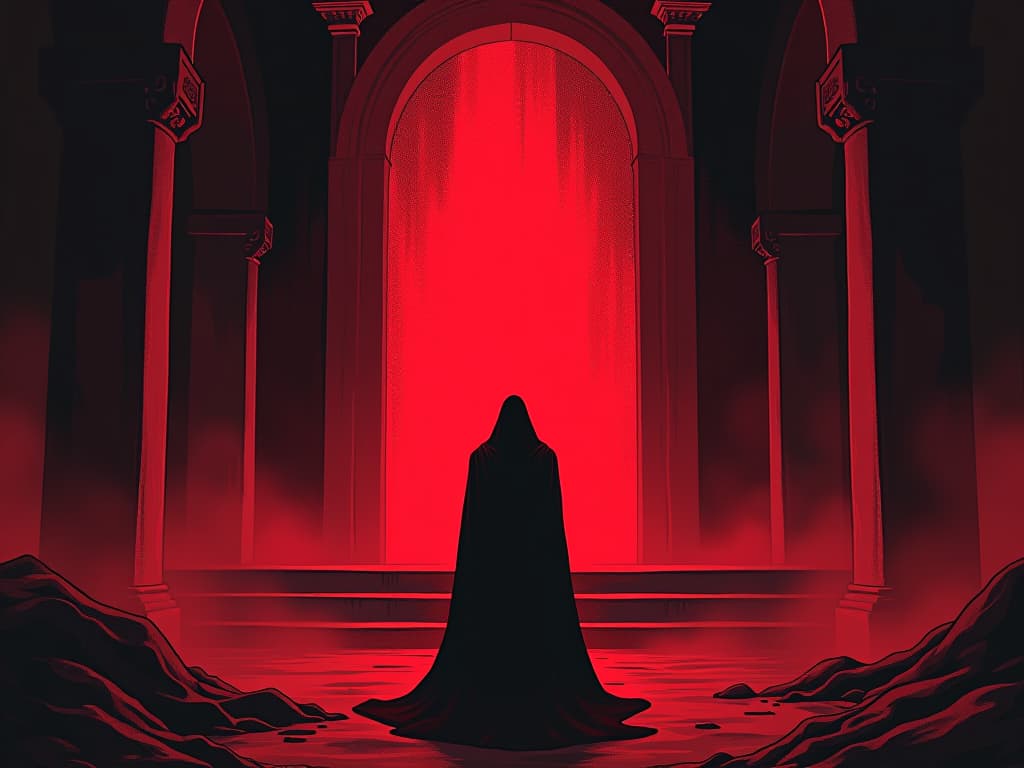  person standing in front of a red altar, solemn expression, sense of contemplation. the style is digital art illustration / modern comic book / graphic dark novel fantasy and mysterious occult, symbolic, moody lighting, esoteric vibe,high detail on character design. for the color scheme emphasize blacks and reds.