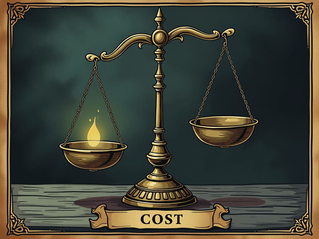  a scale tipping heavily to one side, weight labeled 'cost', glowing ominously, dark, revelatory. an illustration in the style of a worn, mystical old tarot trump card, mysterious and elements of surrealism. the colors are muted, somber and eerie, but with contrast bring out an occult and esoteric vibe.