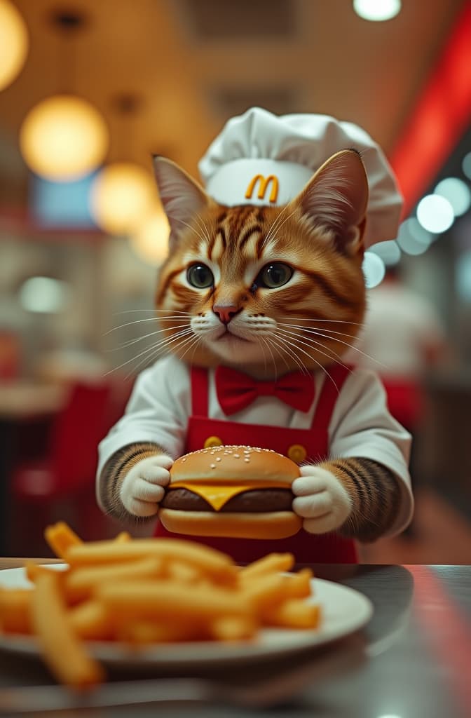  a mc donalds restaurant interior shot run by anthropomorphic cute little cats wearing mcdonalds chef themed kitchen clothes. serving cheeseburger all in wes anderson cinematography. hyperrealistic, full body, detailed clothing, highly detailed, cinematic lighting, stunningly beautiful, intricate, sharp focus, f/1. 8, 85mm, (centered image composition), (professionally color graded), ((bright soft diffused light)), volumetric fog, trending on instagram, trending on tumblr, HDR 4K, 8K