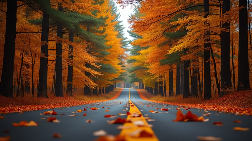  autumn leaves on road in pine forest