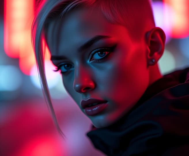  ultra realistic close up portrait ((beautiful pale cyberpunk female with heavy black eyeliner)), blue eyes, shaved side haircut, hyper detail, cinematic lighting, magic neon, dark red city, canon eos r3, nikon, f/1.4, iso 200, 1/160s, 8k, raw, unedited, symmetrical balance, in frame, 8k hyperrealistic, full body, detailed clothing, highly detailed, cinematic lighting, stunningly beautiful, intricate, sharp focus, f/1. 8, 85mm, (centered image composition), (professionally color graded), ((bright soft diffused light)), volumetric fog, trending on instagram, trending on tumblr, HDR 4K, 8K