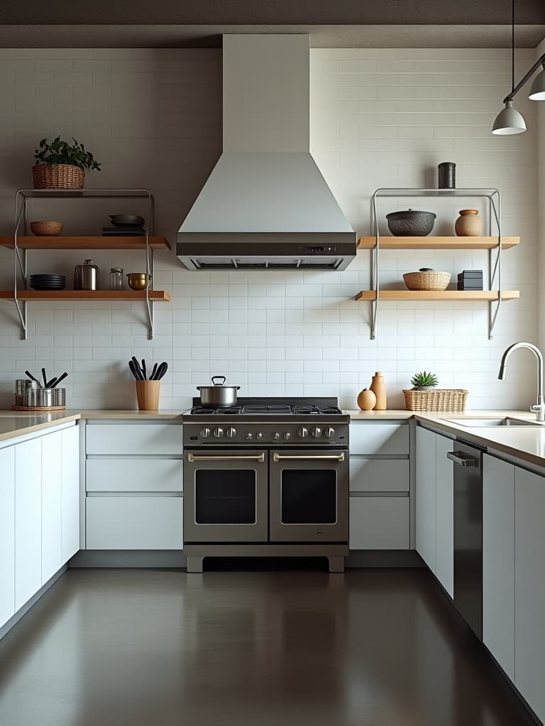  high quality portrait photo of an industrial chic white kitchen with concrete floors, metal accents, and a mix of closed and open storage, featuring a statement range hood hyperrealistic, full body, detailed clothing, highly detailed, cinematic lighting, stunningly beautiful, intricate, sharp focus, f/1. 8, 85mm, (centered image composition), (professionally color graded), ((bright soft diffused light)), volumetric fog, trending on instagram, trending on tumblr, HDR 4K, 8K