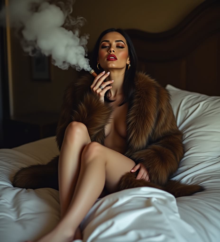  cybill troy smoking a big cuban cigar, blowing huge clouds of smoke, wearing fur coat, bare feet on bed